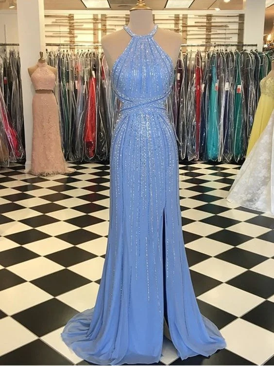Price Rollback Sparkly Prom Dresses Column Beading Halter Luxury Open Back Prom Dress JKL1541