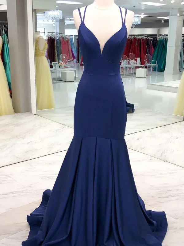 Crazy Savings layered dressV Neck Mermaid Dark Navy Blue Prom Dresses, Navy Blue Mermaid Long Formal Evening Dresses Y234