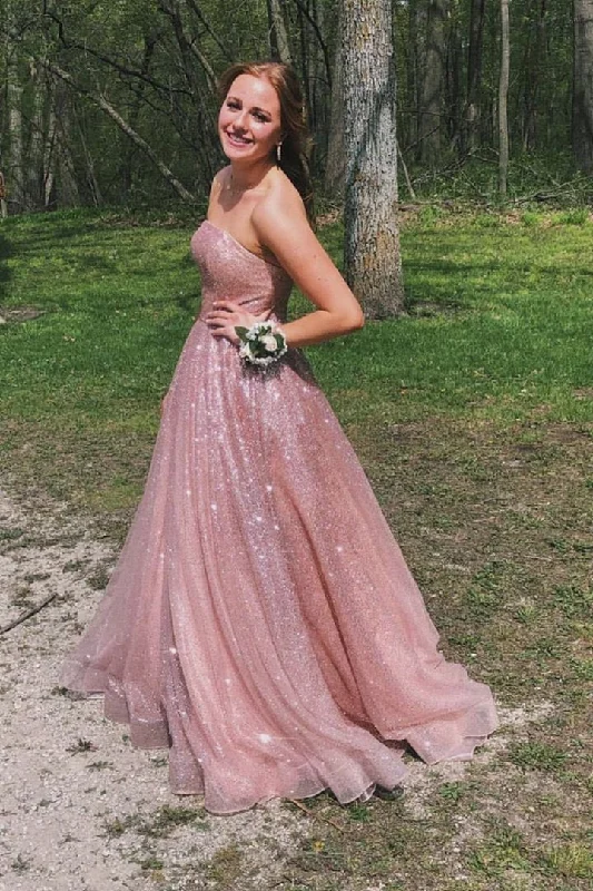 Extra Savings Pink Tulle Sequins Strapless Long Prom Gown Evening Dress GJS210