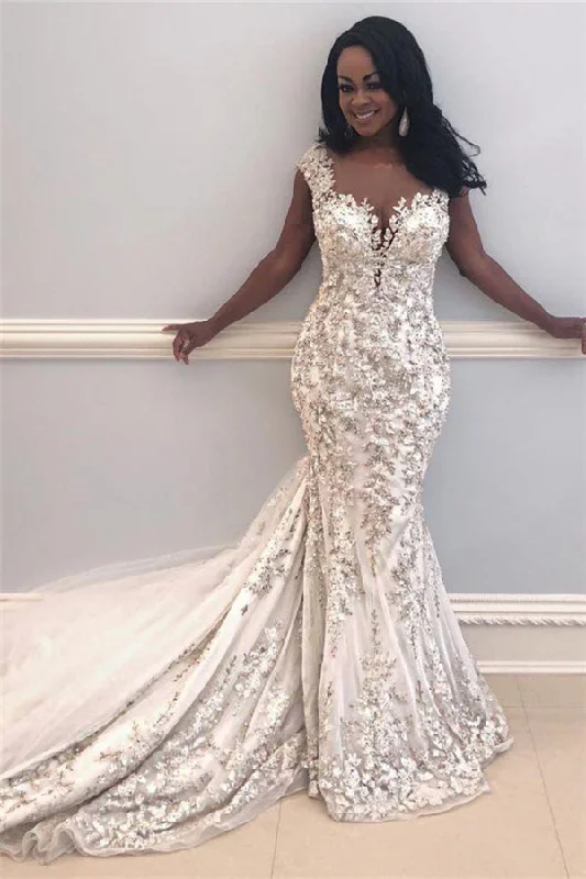 Price Smash Chaeming Cap Sleeve Mermaid Bridal GownsNew Arrival Lace Appliques Slim Bridal Gowns