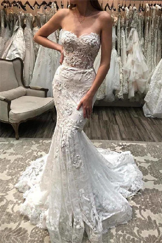 Closeout Sale Charming Sweetheart Lace Applique Mermaid Wedding Dress New Arrival Bridal Gowns