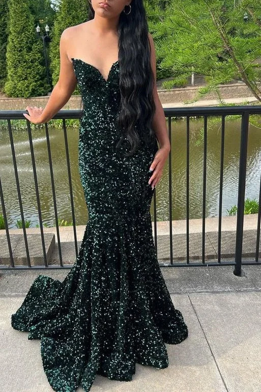 Daily Deals classic fit-and-flare dressV-Neck Strapless Sequins Mermaid Long Party Prom Dress