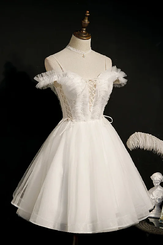 Super Deal Ivory Spaghetti Strap Beaded Tulle Short Princess Homecoming Dresses