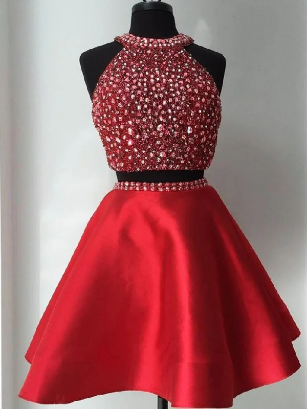 Limited Quantity Two Piece Homecoming Dresses Halter Rhinestone Red Short Prom Dress Party Dress JK847