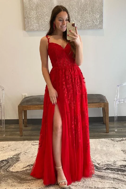 Weekend Special knit dressV Neck Tulle Red Lace Long Prom Dress with High Slit, Red Lace Formal Dress, Red Evening Dress Y217