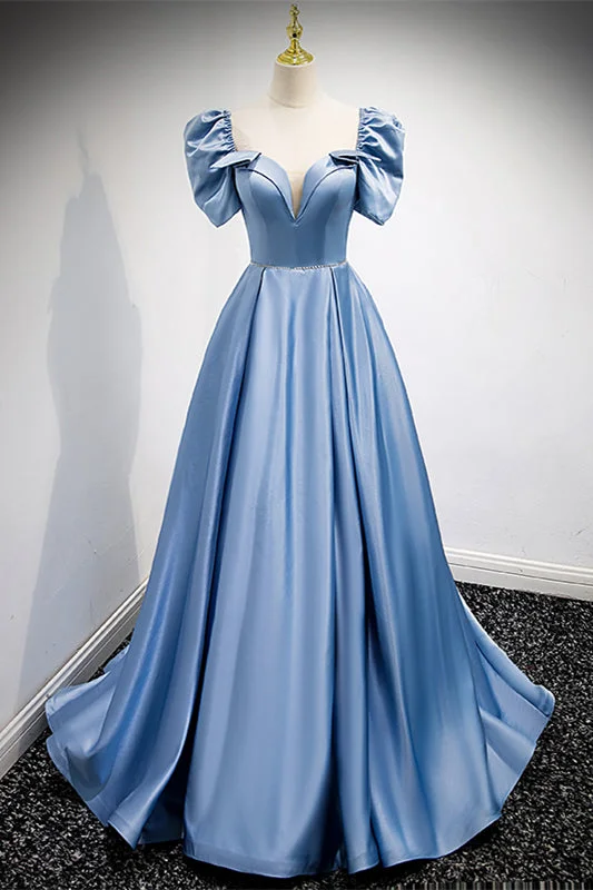 Super Sale ashionable dressLight Blue A-line V Neck Puff Sleeves Beaded Bow Long Formal Dress