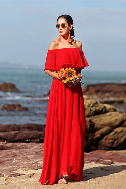Sneak Peek Sale summer floral dressOff the Shoulder Red Chiffon Maxi Dress