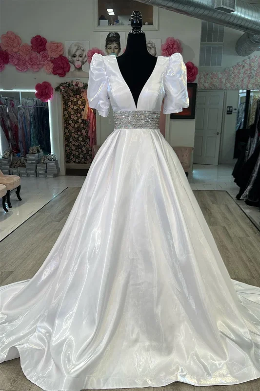 Extra Discounts trendy mini dressWhite Puff Sleeves Beaded A-line Satin Plunging V Long Prom Dress